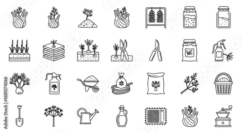 Hand Drawn Gardening and Agriculture Icon Set Collection.