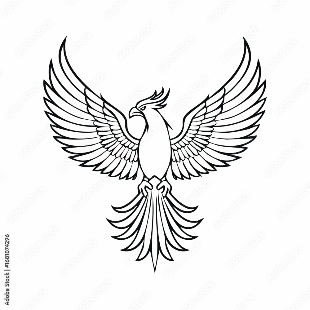 Fototapeta premium Phoenix bird simple black line art image, Black bold outline vector icon, Bird vector illustration