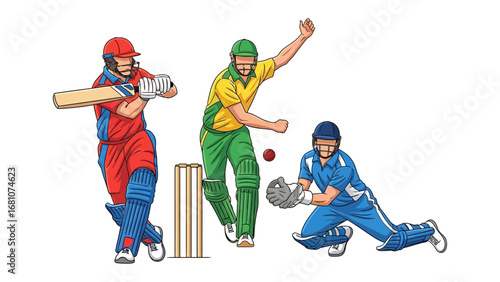 Cricket Players in Action: A dynamic illustration capturing the essence of cricket, with a batsman in mid-swing, a bowler in the midst of a delivery, and a wicket-keeper poised to catch.