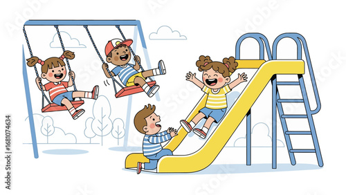 Playground Pals: Joyful children engage in carefree play, their laughter echoing across a vibrant playground. The scene bursts with colors, highlighting the pure essence of childhood delight.