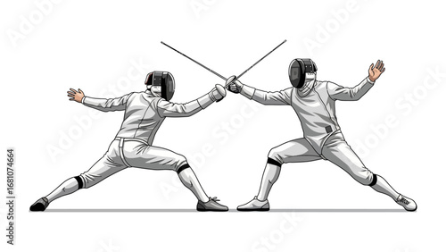 Fencing Duel: Two fencers in action, engaged in a dramatic bout. Their focus, skill, and determination are evident as they compete, creating a compelling display of athleticism and strategic combat.