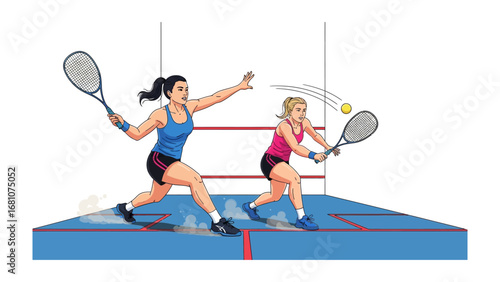 Squash Game Dynamics: Two female squash players engage in an energetic match, showcasing skillful play in a dynamic illustration of sport. 