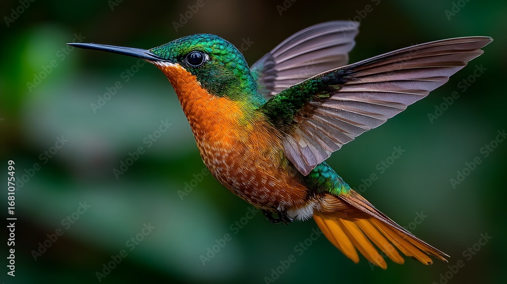 Fototapeta premium Rufous tailed hummingbird flies elegantly with its wings spread in a tropical forest environment now close up.