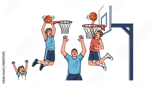 Basketball Action: Dynamic Illustration of Basketball Players in Action. Capturing the essence of a high-energy game, featuring diverse players engaged in skillful plays like shooting and cheering.