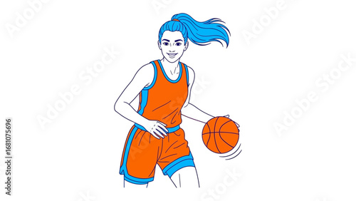 Basketball Player Dribbling: A dynamic illustration of a female basketball player dribbling the ball, showcasing athleticism and determination.