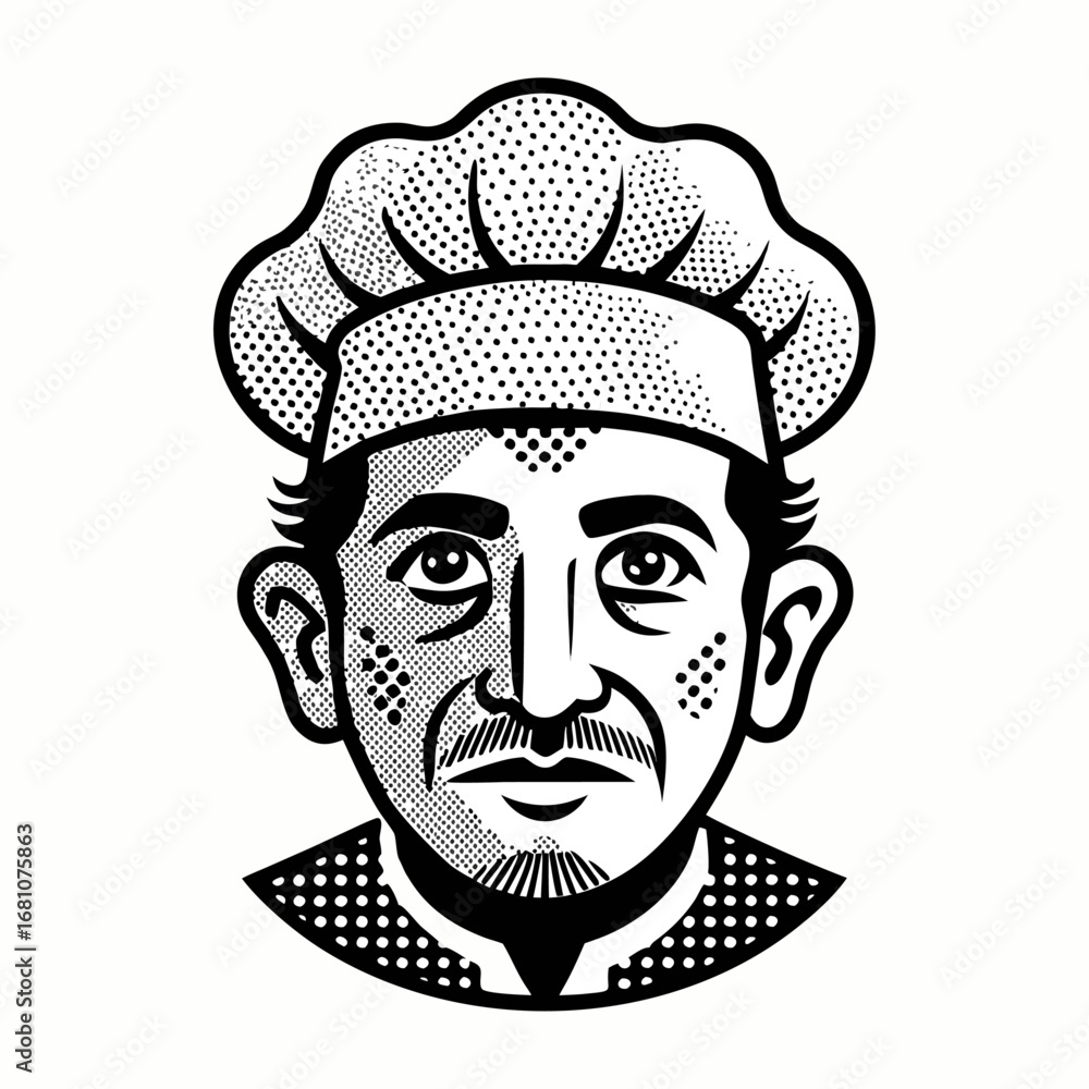 Obraz premium Abstract dotted chef face vector illustration in artistic composition, creative culinary artwork design for modern kitchen, restaurant branding and decor
