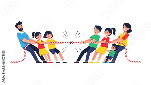 Tug-of-War Fun: A vibrant illustration of two families locked in a spirited tug-of-war competition, full of energy and playful rivalry, capturing the essence of teamwork and family fun.