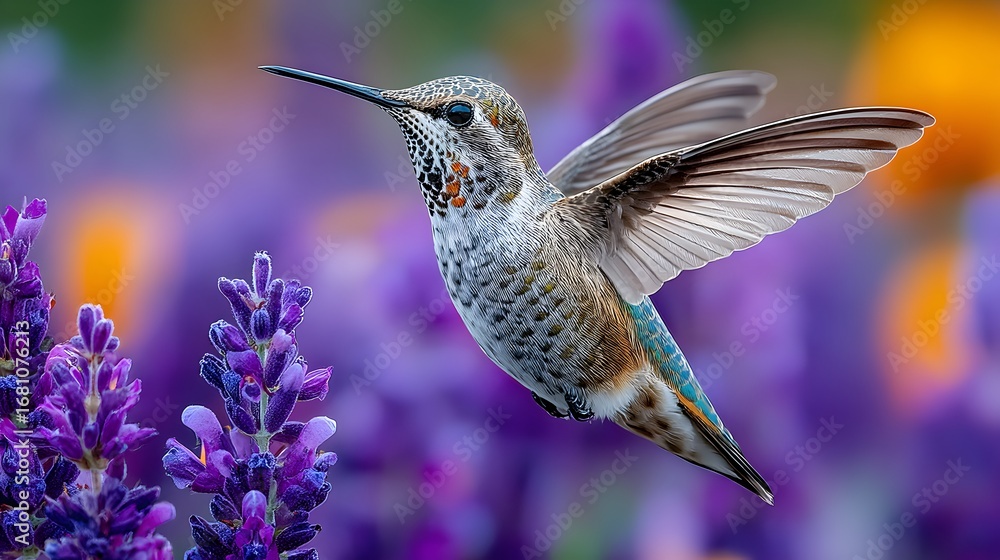 Fototapeta premium A Rufous hummingbird hovers gracefully with blurred lavender blooms creating a vibrant, dreamy background.