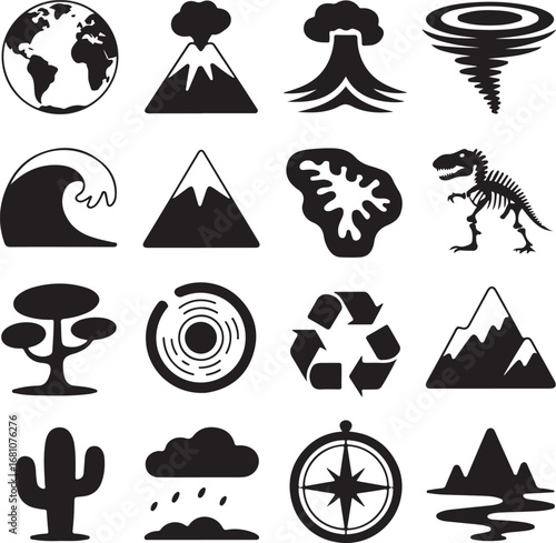 Earth Volcano Tornado Wave Mountain Dinosaur Recycle Sign Cactus Cloud Compass vector illustration