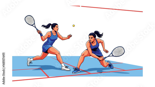 Squash Match: Two focused women engage in an intense squash match, capturing the dynamic energy of competitive sports.