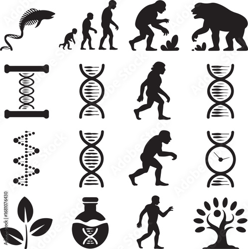 Evolution of Man DNA Helix Tree Skeleton Bottle Science Icons vector illustration