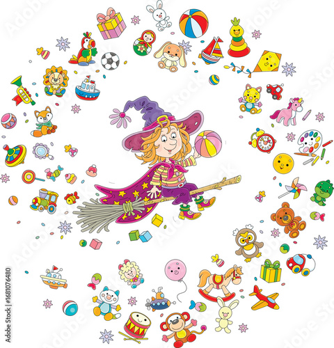 Happy little witch with a big hat and a starry cloak flying on her magical broom and scattering toys for small children, vector cartoon illustration on a white background