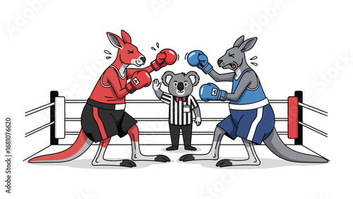 Fierce Fight: Two animated kangaroo boxers face off in a thrilling boxing match, watched over by a koala referee. An engaging and dynamic sports illustration