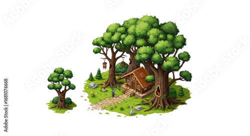 secluded wooden house nestled in the heart of a lush forest isometric view, isolated on transparent background