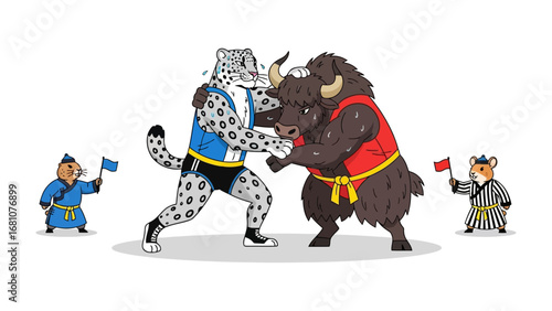 Animalistic Showdown: An illustration showcases an epic wrestling match between a determined snow leopard and a sturdy yak.