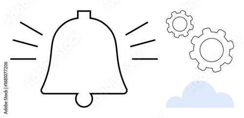 Notification bell with sound lines, two gear icons, and a cloud. Ideal for alerts, updates, synchronization, settings, automation, technology simple landing page