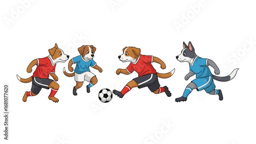 Canine Soccer Showdown: Playful canine athletes engage in a spirited soccer match, showcasing their sporty side with determined expressions and colorful uniforms.
