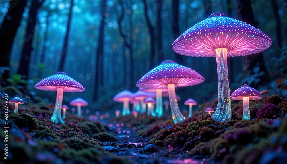 Fototapeta premium Many glowing mushrooms illuminate a mystical forest floor at night.