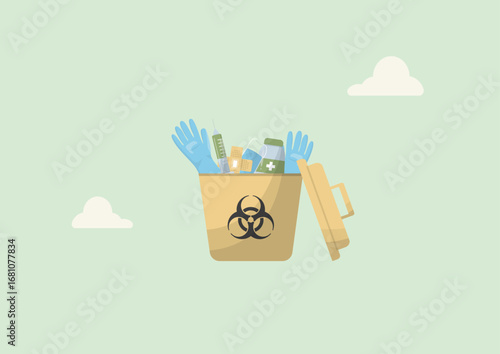 Medical Waste Disposal Process. Biohazard container with different healthcare waste types. Medical waste concept. Biohazard contaminated waste sign trash garbage bin. Flat style. Vector illustration