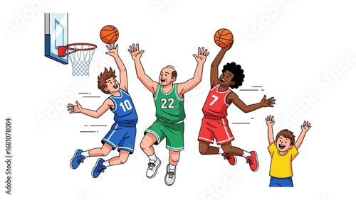Basketball teamwork: Players soar through the air, their eyes fixed on the basketball as they move with precise skill toward the basket.