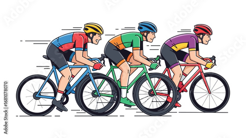 Racing Cyclists: A thrilling race unfolds as three cyclists, clad in vibrant gear, compete with focused determination, each striving for victory.