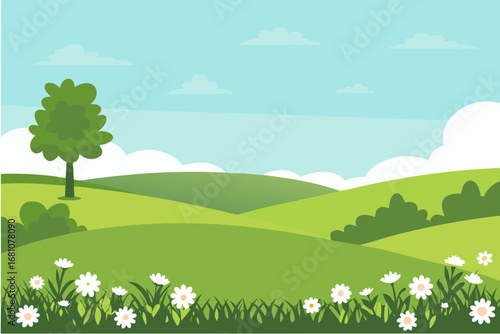 a serene landscape with rolling hills flowers and a lone tree