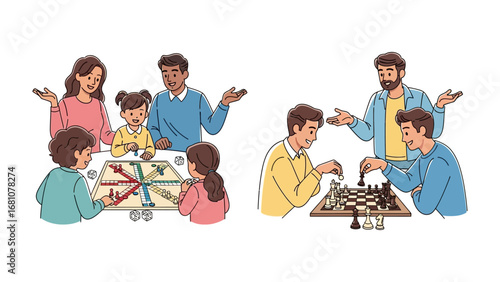 Leisure time and board games: Capture moments of fun, leisure, and the bonds of togetherness as families enjoy the simple pleasure of board game. The vibrant scene and the family interacting.