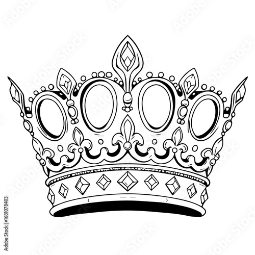 Extravagant European crown vector illustration. Medieval European crown vector. Black and white crown. Line art	