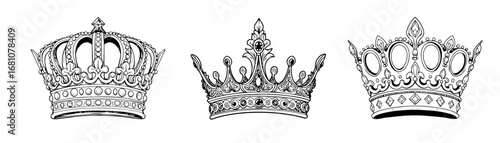 Extravagant European crown vector illustration set. Medieval European crown vector. Black and white crown. Line art	