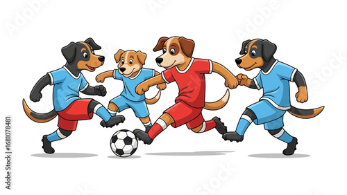 Dog Football Match: Energetic dogs are engaged in a fun and spirited game of football. Their playful engagement and bright attire bring this lively illustration to life.