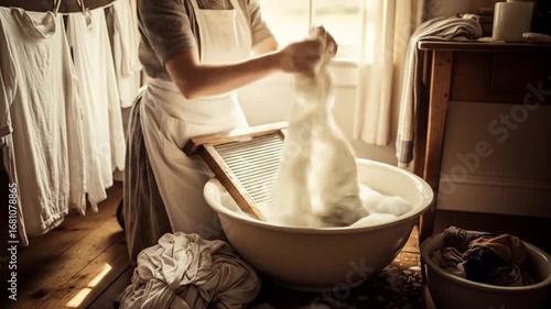 A person in an apron hand-washing clothes with a washboard in a large basin, with laundry hanging to dry in a rustic indoor setting.