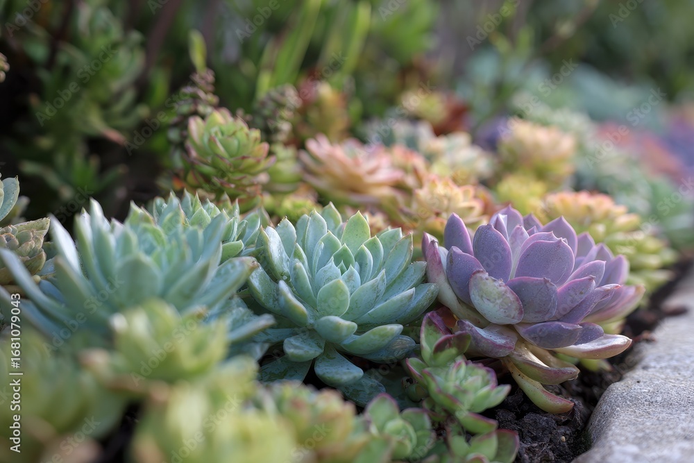 Fototapeta premium Succulents thrive densely lined up in the garden