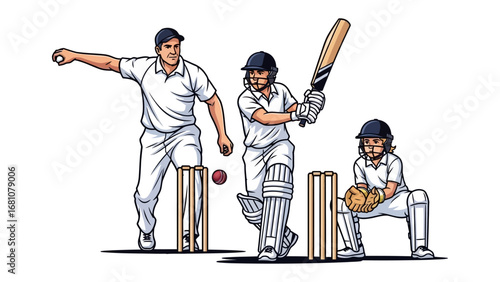 Dynamic Cricket Action: A visually engaging illustration captures the energetic moments of a cricket match, featuring a bowler in motion, a poised batsman ready to strike.