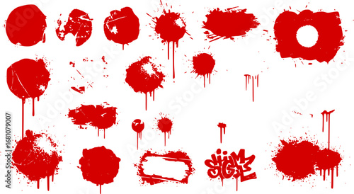 Spray graffiti texture with smudges and drops. Street aerosol clouds vector templates. Spray paint shapes, graffiti mockups, stencil. Street art with splashes and dripping paint. Vector aerosol set