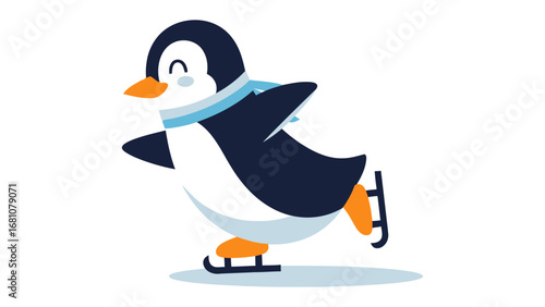Skating Penguin's Playful Pursuit: A joyful penguin gracefully gliding on ice skates, radiating happiness in a dynamic illustrated scene.