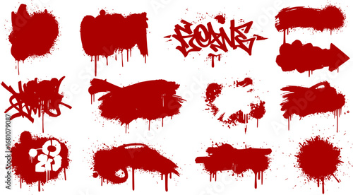 Spray graffiti texture with smudges and drops. Street aerosol clouds vector templates. Spray paint shapes, graffiti mockups, stencil. Street art with splashes and dripping paint. Vector aerosol set