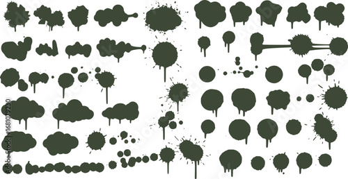 Spray graffiti texture with smudges and drops. Street aerosol clouds vector templates. Spray paint shapes, graffiti mockups, stencil. Street art with splashes and dripping paint. Vector aerosol set