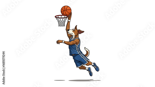 Canine Dunk: A dog, embodying sportsmanship and athleticism, executes a dynamic slam dunk, showcasing skillful basketball play and unwavering determination.