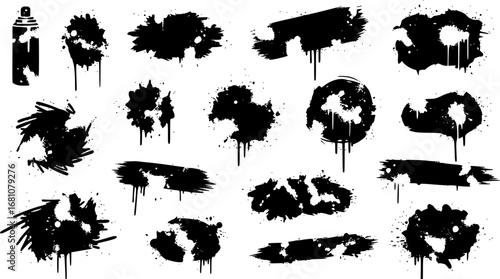 Spray graffiti texture with smudges and drops. Street aerosol clouds vector templates. Spray paint shapes, graffiti mockups, stencil. Street art with splashes and dripping paint. Vector aerosol set