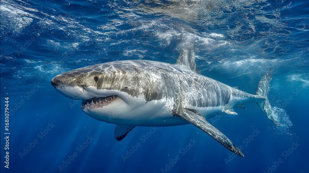 Fototapeta premium A great white shark swims powerfully through the deep blue ocean waters with sunlight streaming through above.