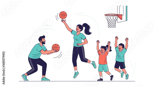 Family Basketball Fun: A vibrant illustration showcases a family immersed in a spirited basketball game, capturing the joy of playful competition and quality time together.