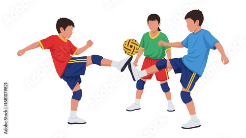 Sepak Takraw Players in Action: A dynamic illustration of sepak takraw, showcasing three athletes engrossed in a vigorous game, embodying the agility and teamwork inherent in the sport. 