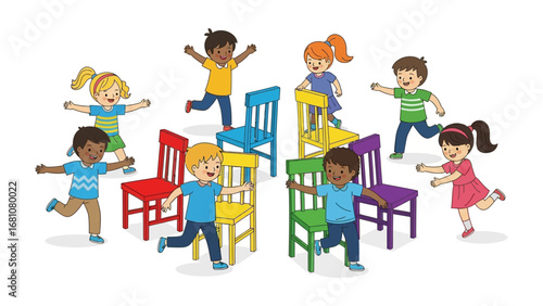 Musical Chairs: A vibrant illustration captures the joyous chaos of children playing musical chairs, showcasing the blend of anticipation and lively fun.