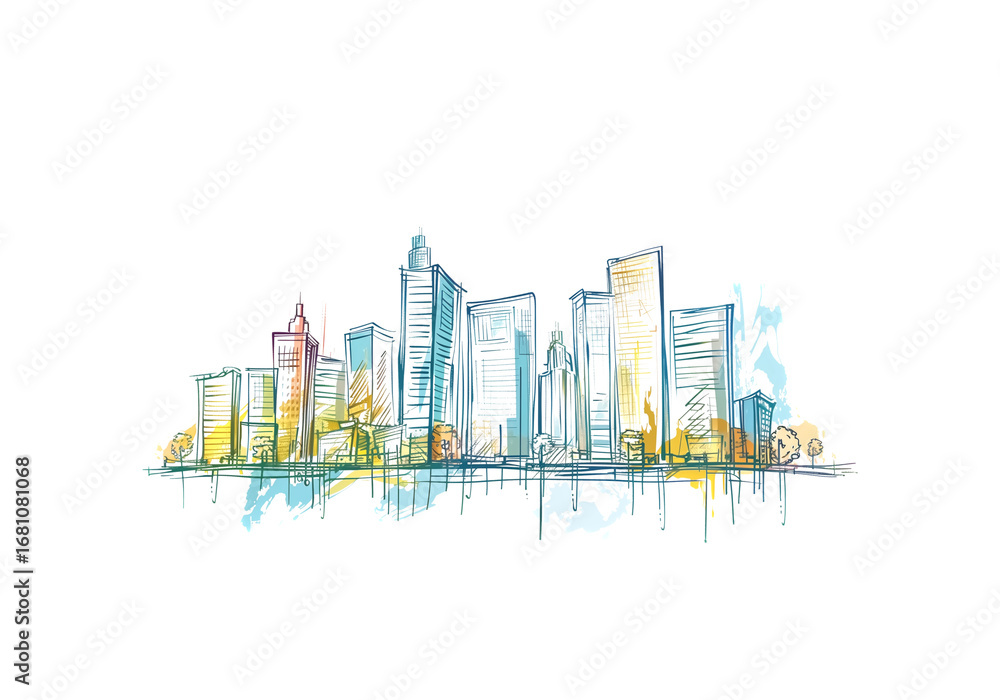 Naklejka premium Line art of landscape modern buildings in big city, clipart, vec