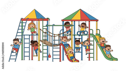 Joyful Playground Adventure: A vibrant illustration of children playing on a colorful playground, embodying youthful energy, fun, and the pure joy of childhood. 