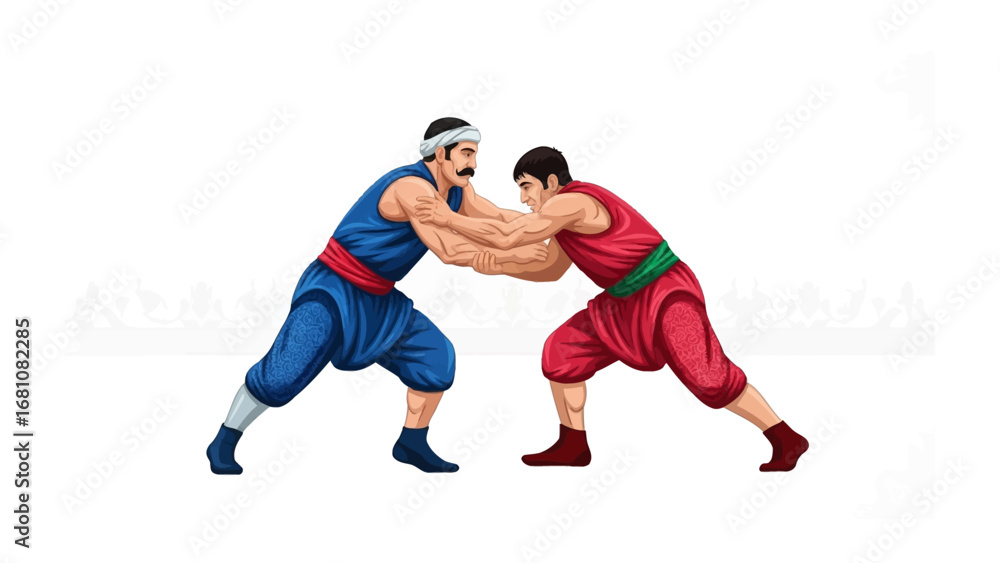 Naklejka premium Wrestling match: Two wrestlers in traditional attire, engaged in a dynamic wrestling match, showcasing strength, skill, and the intensity of a sporting competition.