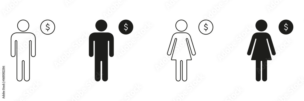 Obraz premium Male And Female With Dollar Sign Icon Set. Gender Income Equality And Financial Outline And Silhouette Symbol Collection. Economic Disparity And Wage Gap. Isolated Vector Illustration