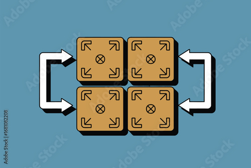 Four brown squares with arrows pointing outwards and a circle inside connected by arrows on blue background