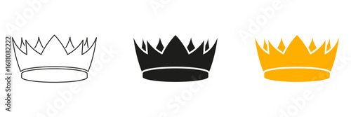 Crown Icon Line And Solid Black And Color Icon Set. Royalty, Leadership, And Authority Symbol Outline And Silhouette Symbol Collection. Regal And Noble Representation. Isolated Vector Illustration