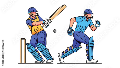 Dynamic Cricket Action Illustration: A vibrant illustration captures the energy of cricket, showcasing a batsman mid-swing and a fielder in motion.